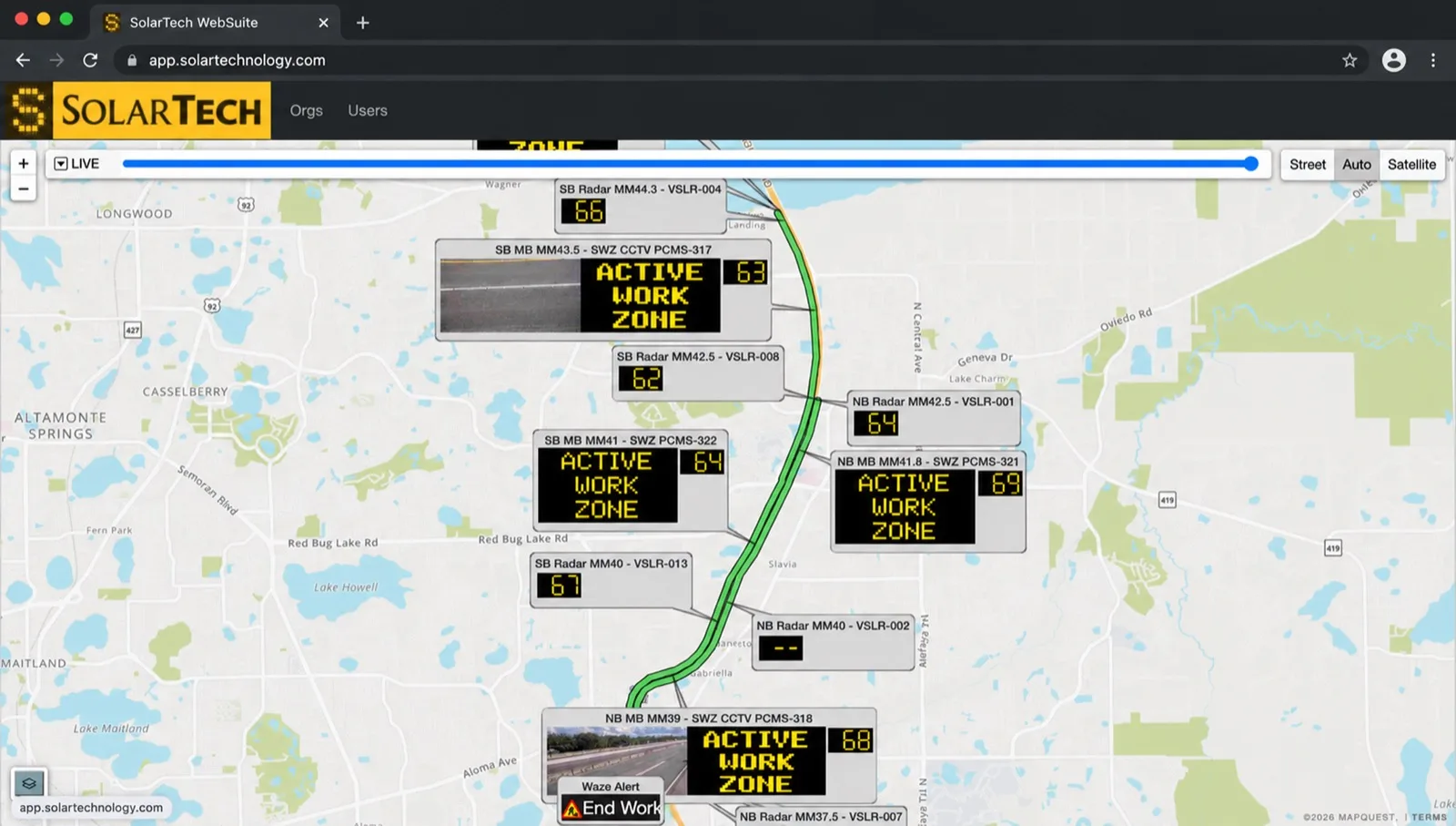 The WebSuite live map with sign messages, radar readings and camera views along a highway